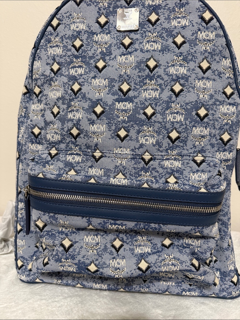 MCM Denim Blue Monogram Backpack with Ivory Accents